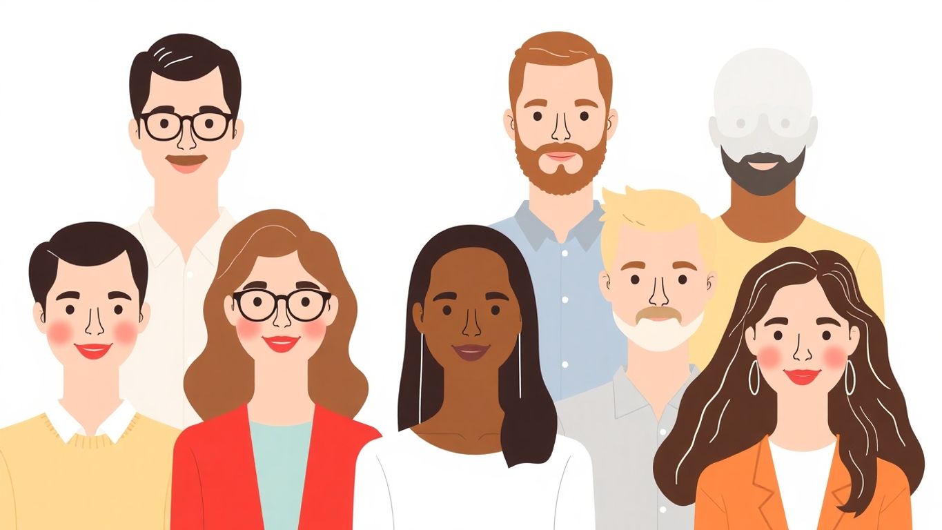 Illustrasjon av forskjellige personas med myke farger.