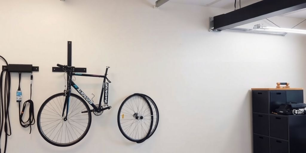 Bikes mounted on RaxGo wall organizer in garage.