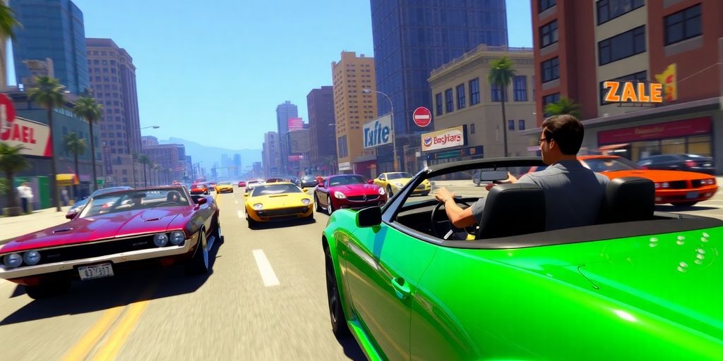GTA 5 characters driving fast cars in Los Santos.