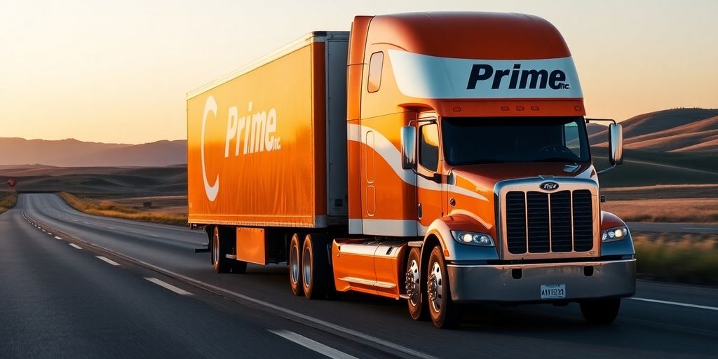 A large Prime Inc. semi-truck drives on a highway.