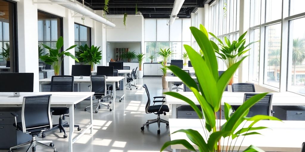 Modern coworking space with natural light and comfortable seating.