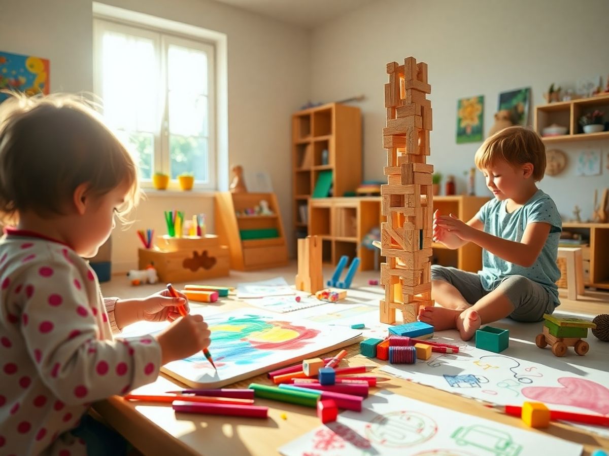 Copii jucându-se creativ, pictând, construind, zâmbind fericiți.