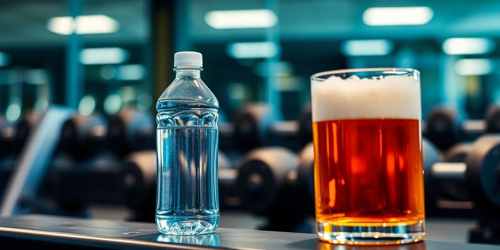 Water bottle and beer glass on a gym bench.