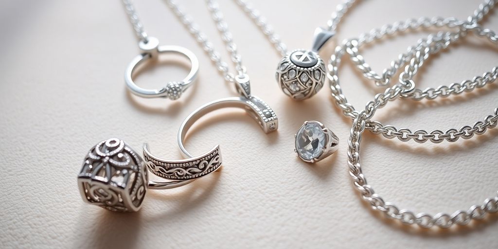 Bijoux en argent élégants sur fond neutre.