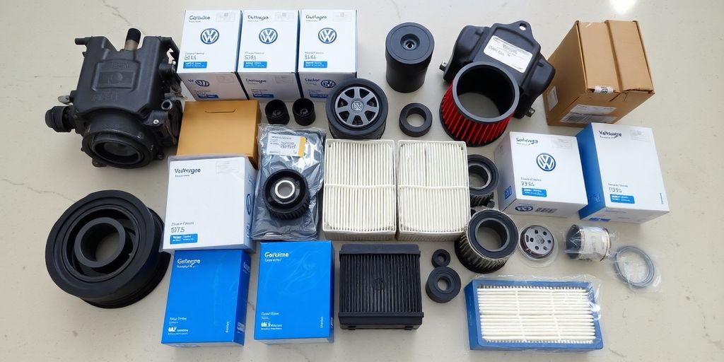 VW car parts laid out neatly.