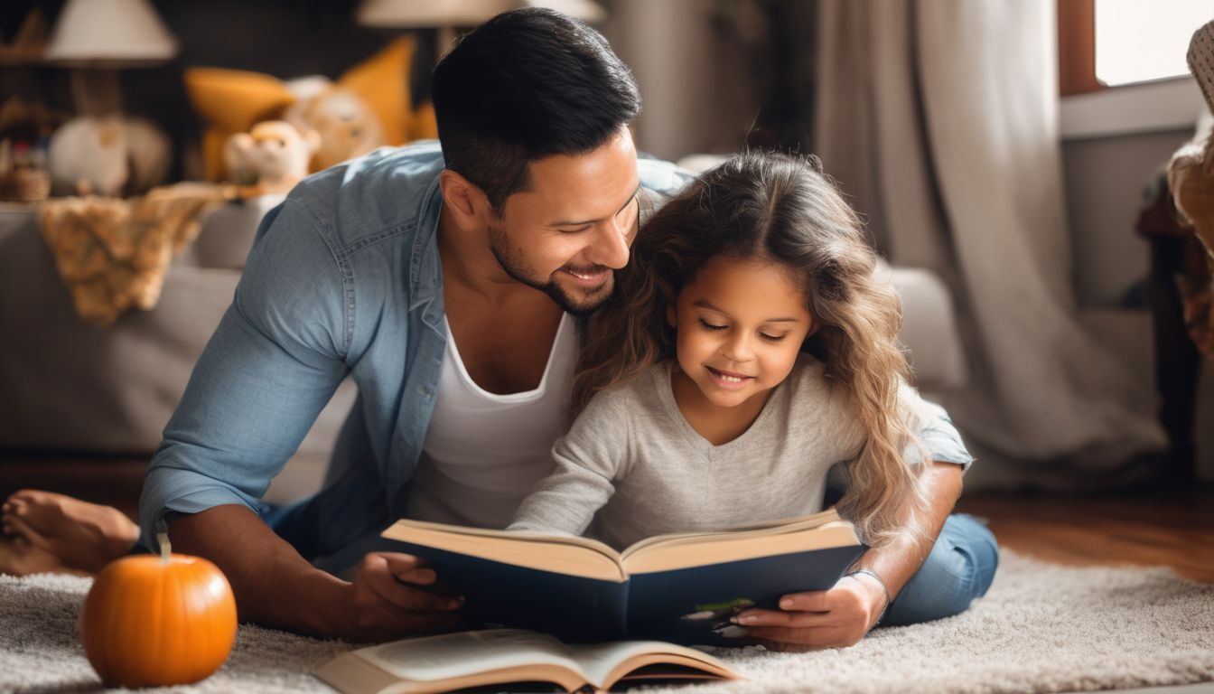 young child reading book with parent in a cozy home setting