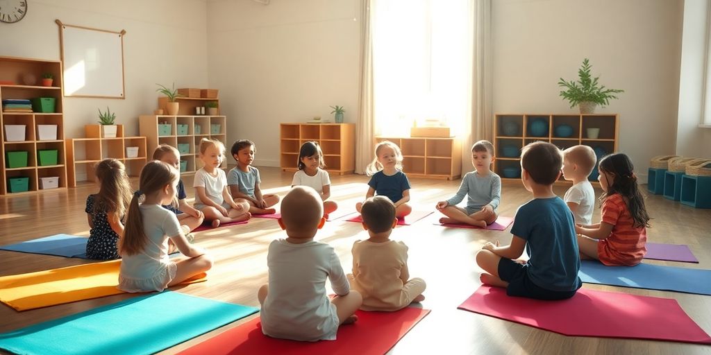 Children practicing mindfulness meditation in a classroom.