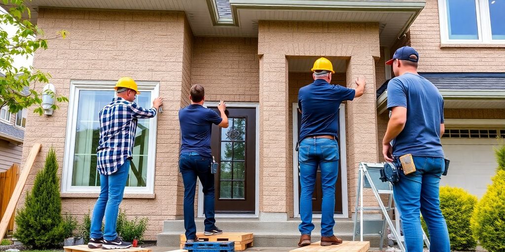 Residential construction site with crew working.