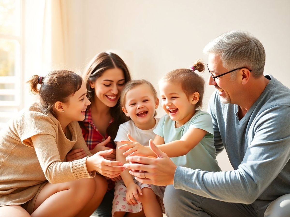 Părinți și copii zâmbind, jucându-se împreună.