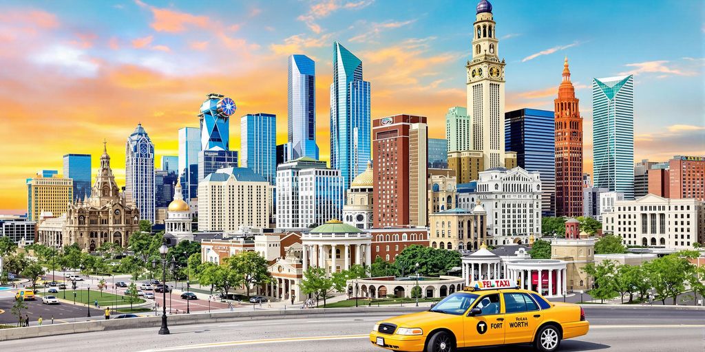 Yellow Cab driving past iconic Dallas-Fort Worth landmarks.