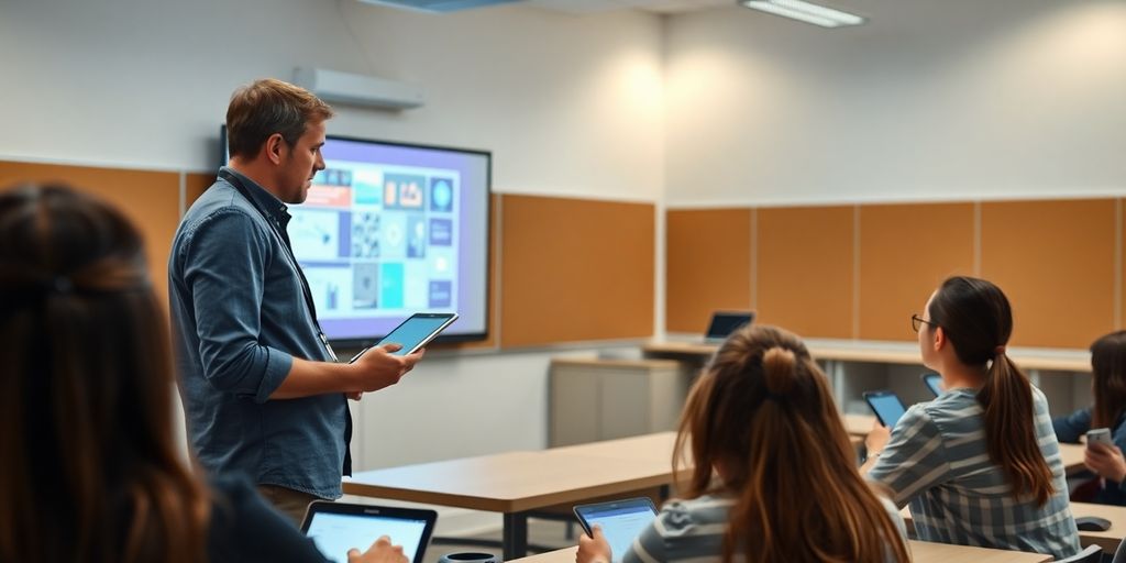 Teacher uses tablet and projector in modern classroom.