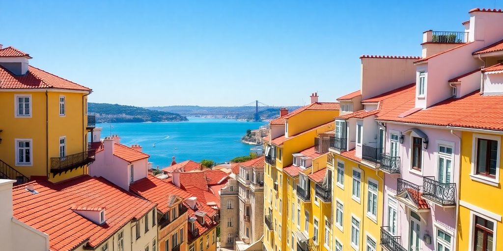 Colorful historic buildings overlooking Lisbon's Tagus River.