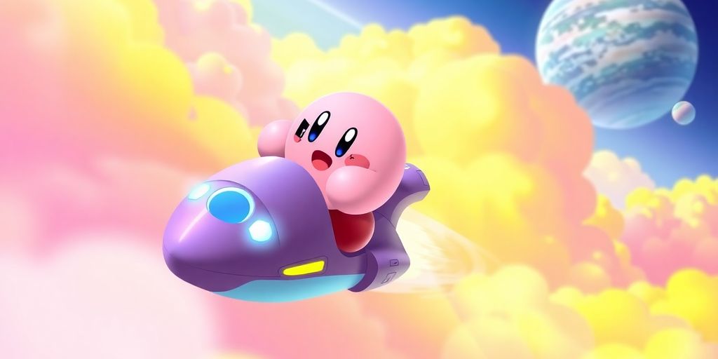 Kirby soaring through colorful skies on his Air Ride machine.
