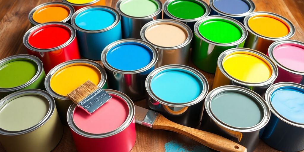 Colorful paint cans and a brush on a table.