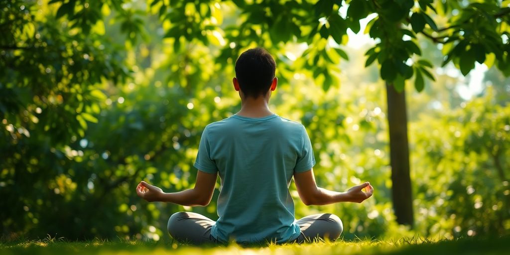 Person peacefully meditating in a serene natural setting.