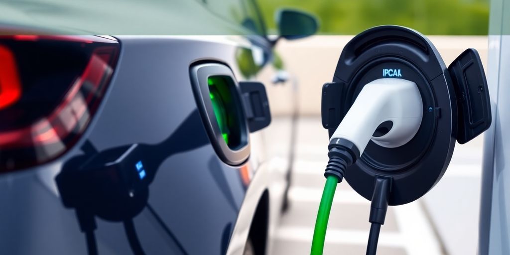Electric car plugged in, glowing green charging cable.