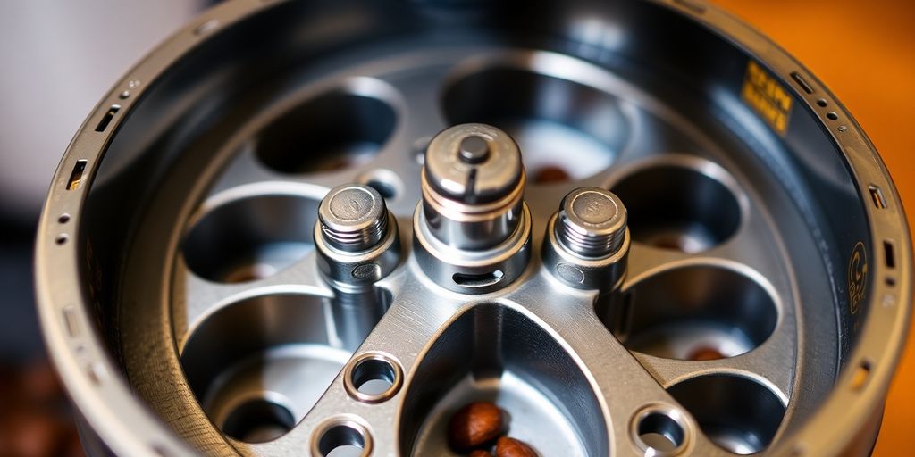 Close-up of a coffee grinder's internal burrs.