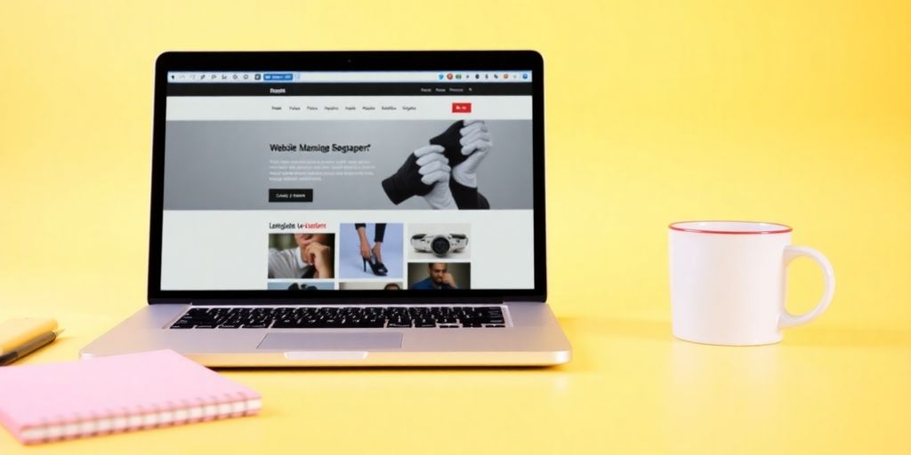 A laptop with a website on screen and notepad.