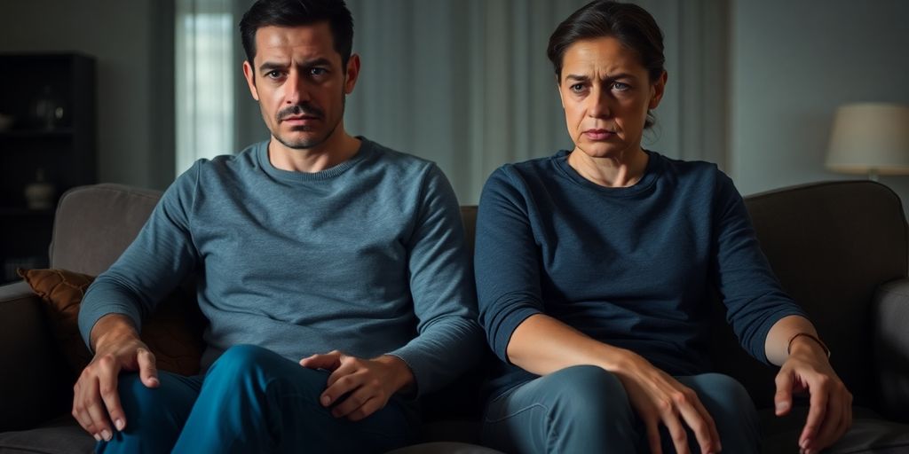 Pareja en crisis matrimonial, sentados separados en un sofá.