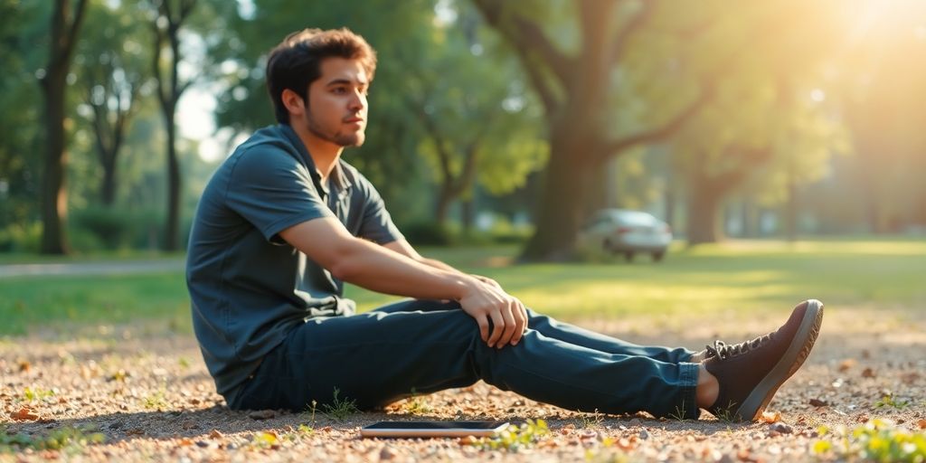 Person reflecting in nature, smartphone resting on ground.