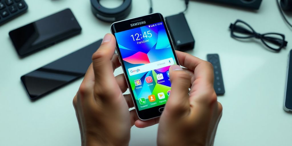 Smartphone Samsung em mesa com gadgets modernos.