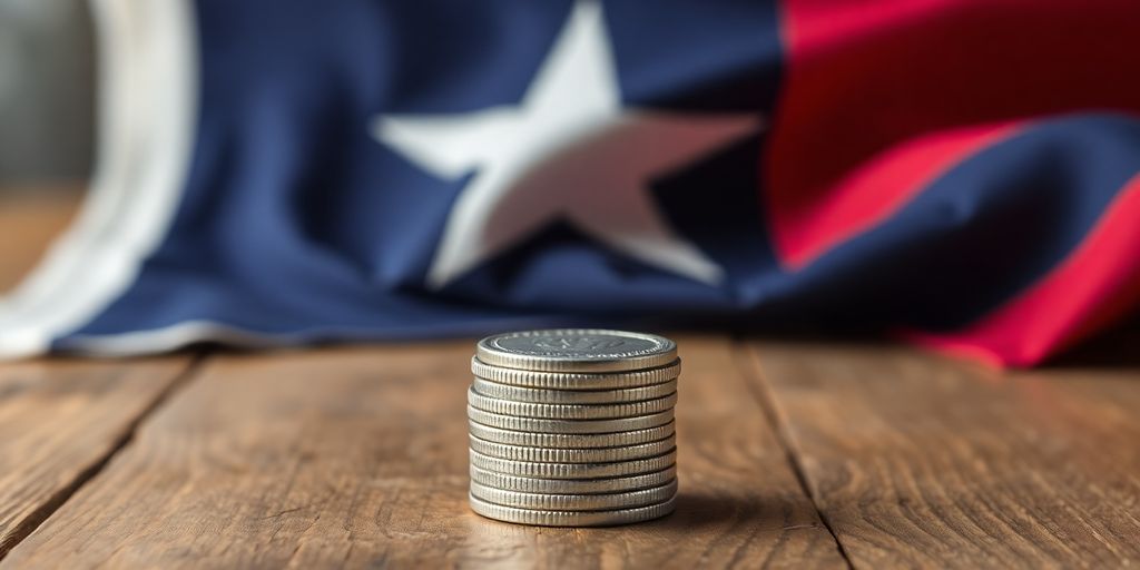 Silver coins stacked on a Texas flag.