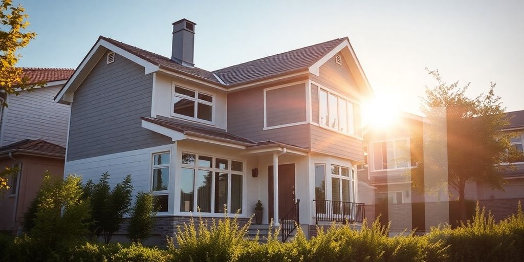 Modern home with financial charts in background.