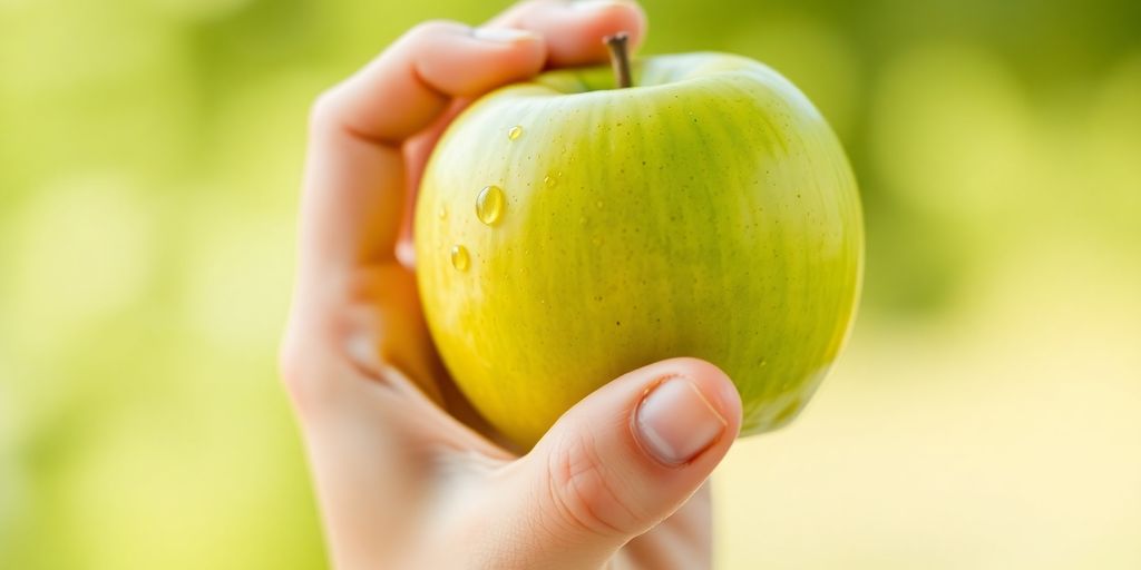 يد تمسك تفاحة خضراء طازجة