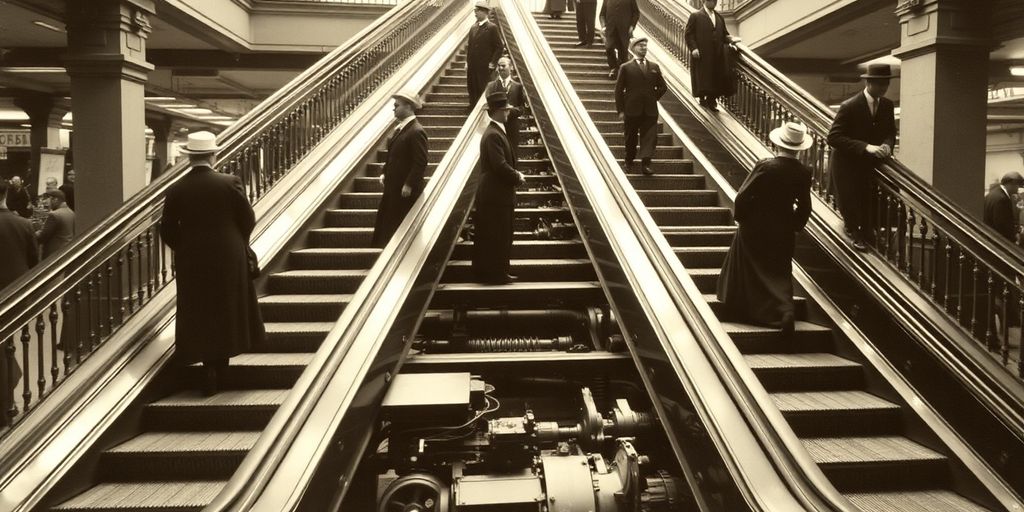 Early escalator moving people, gears visible below stairs.