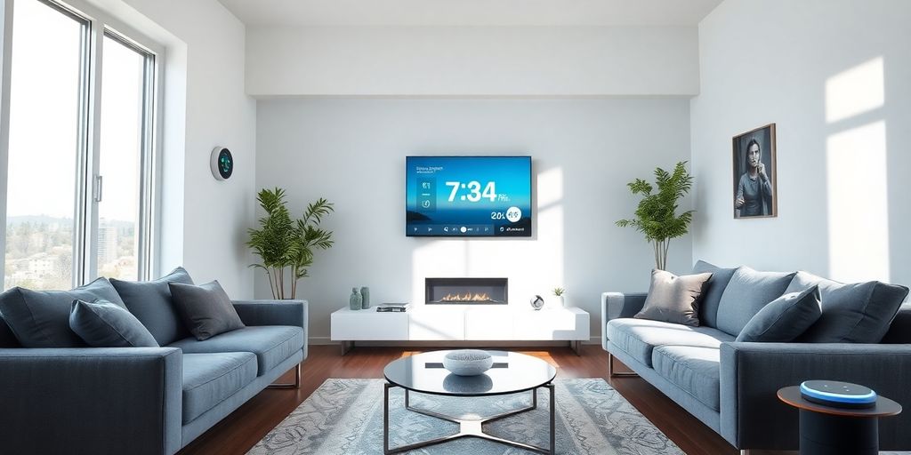 Futuristic home automation gadgets in a modern living room.