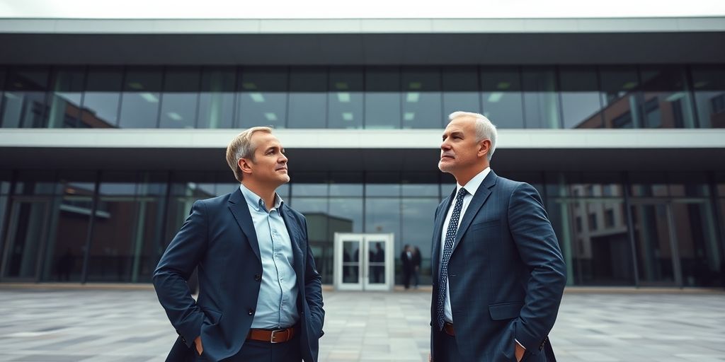 Deux hommes d'affaires discutent devant un bâtiment moderne.