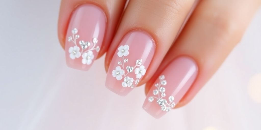 Unhas de gel elegantes com detalhes florais e brilho.