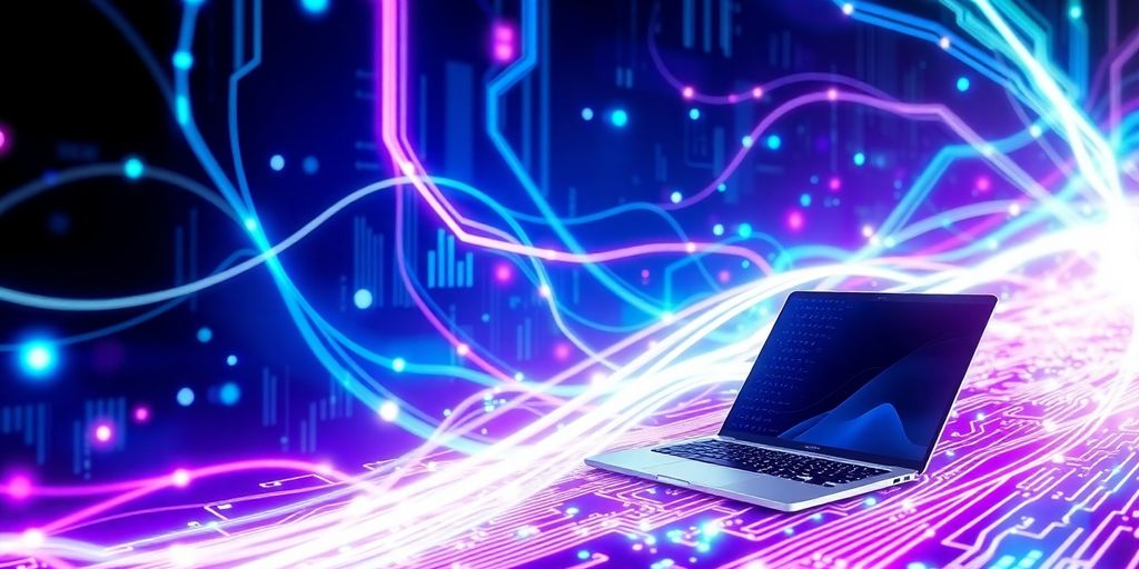 Modern tech devices, glowing circuits, swirling data streams.