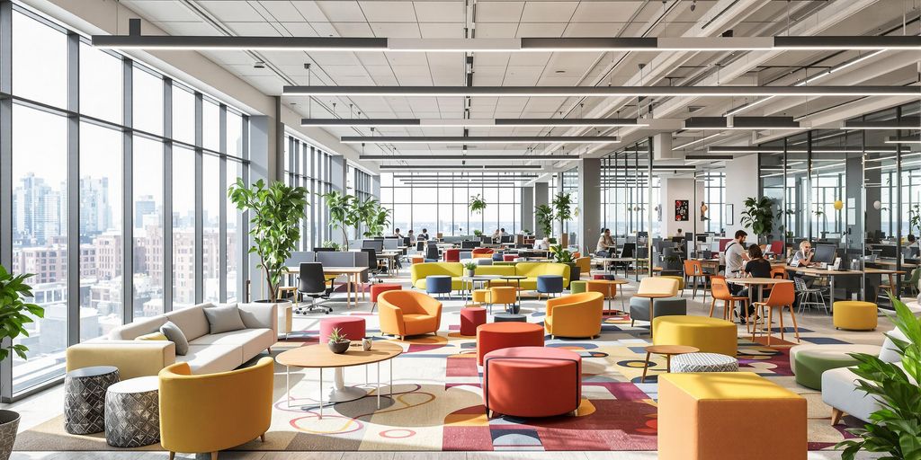 Modern hybrid office with flexible seating and bright decor.