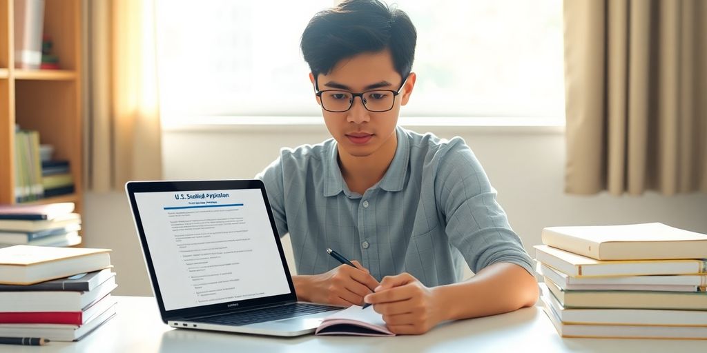 Student reviews scholarship application on laptop.