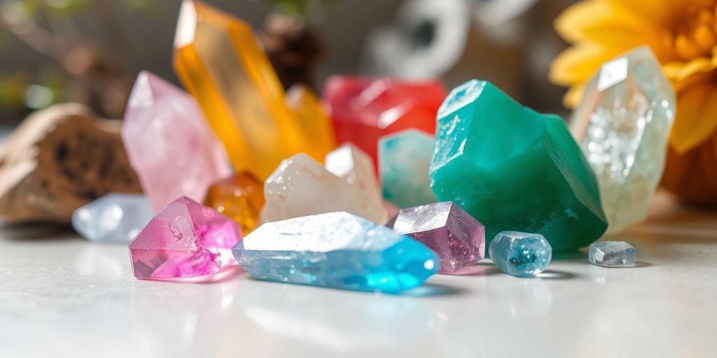 Varie pietre colorate su una superficie liscia.