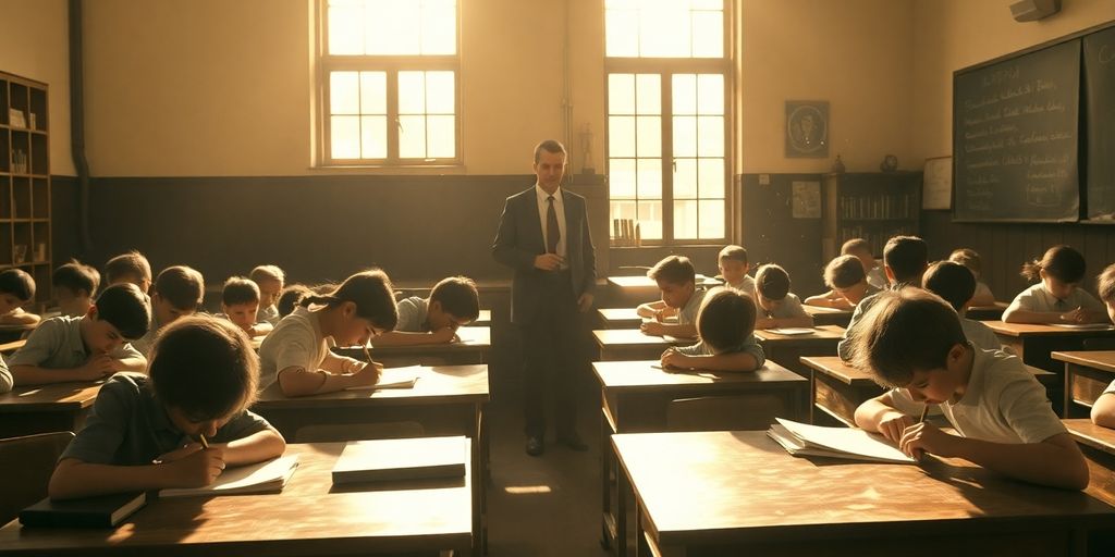 Old classroom scene, students writing.