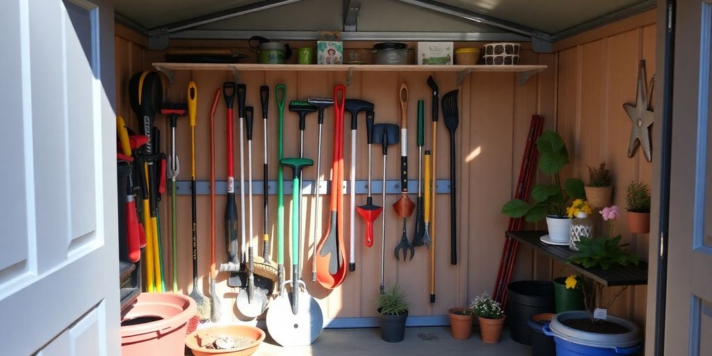 Organized Rubbermaid shed with tool rack and gardening tools.