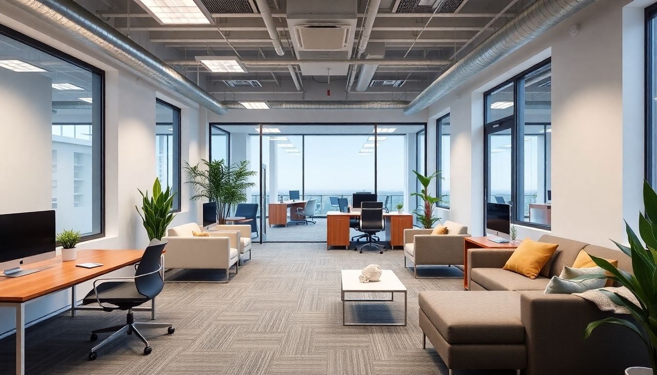 Modern office interior with furniture and plants.