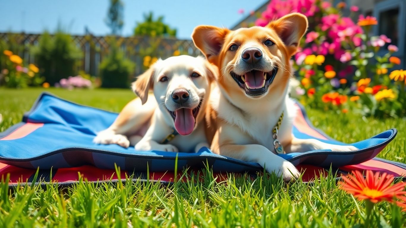 Dog relaxing on cooling mat in sunny summer garden
