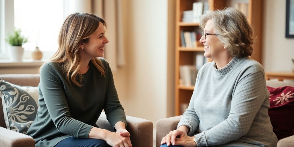 Therapist and client discussing alcohol recovery in cozy office.