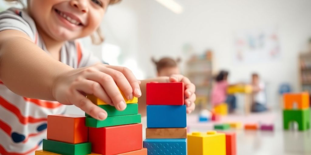 Child playing, colorful blocks, friendly environment