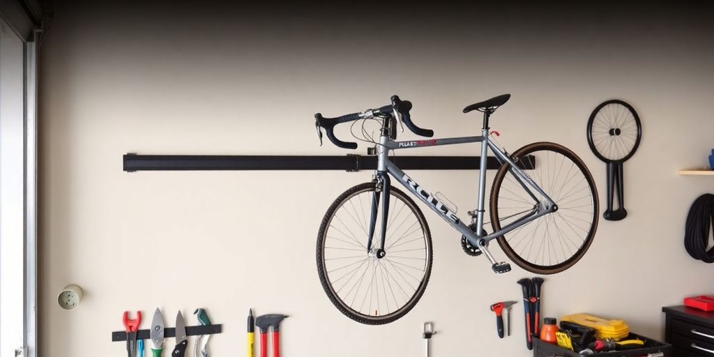 Rubbermaid bike rack holding two bicycles in garage.