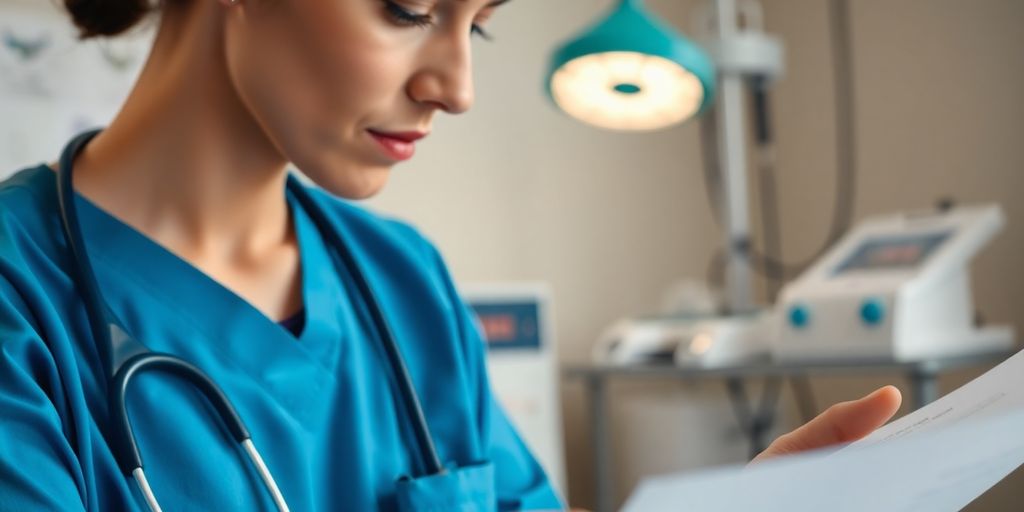 Healthcare professional examining medical documents for translation accuracy.