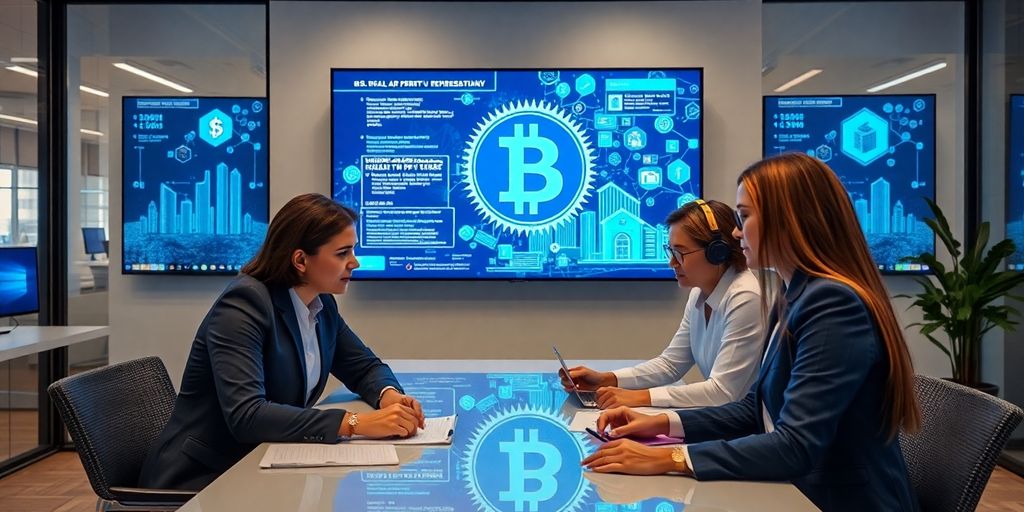 Modern office with blockchain technology in real estate.