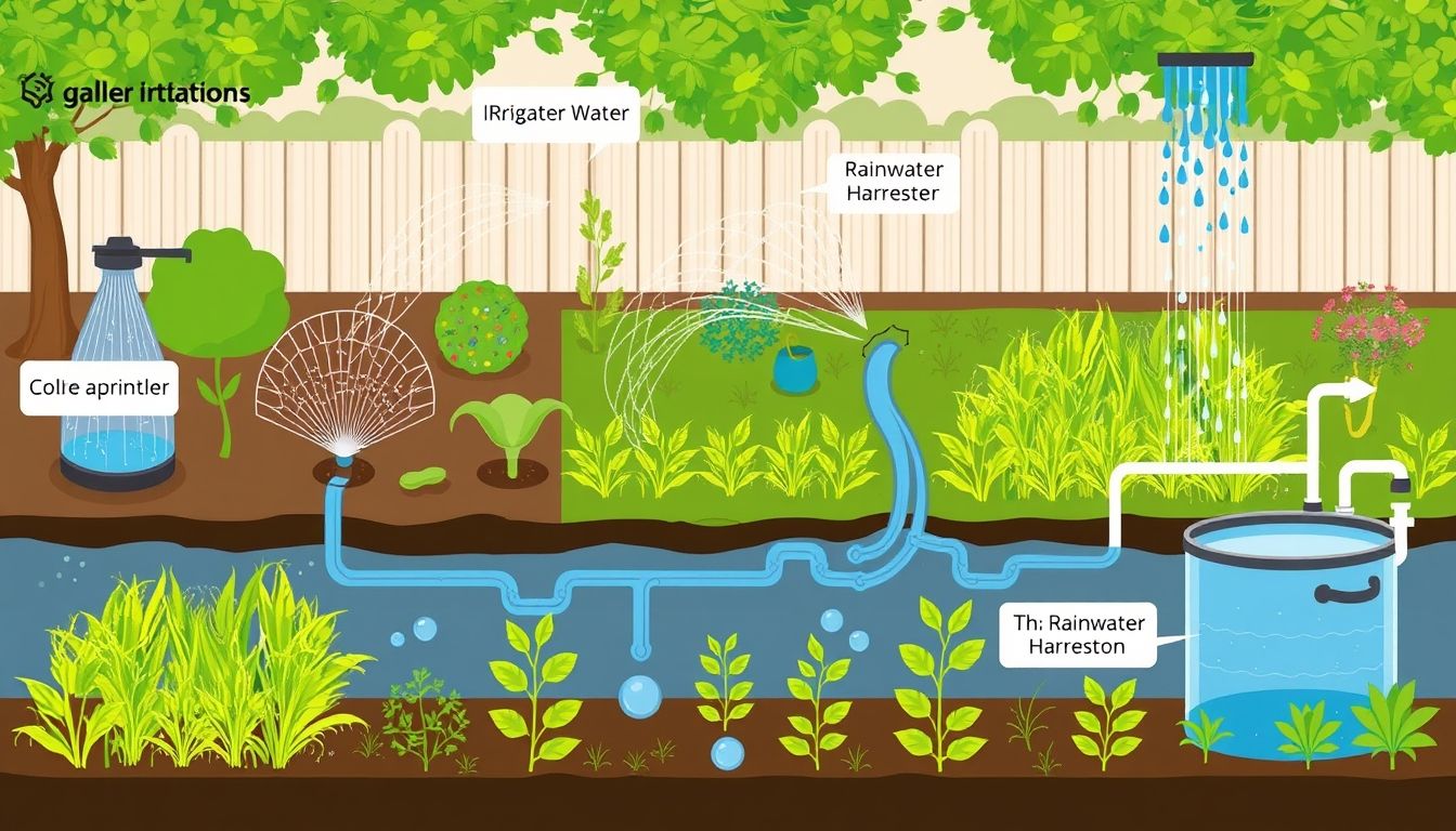 Garden with irrigation systems and rainwater harvesters.