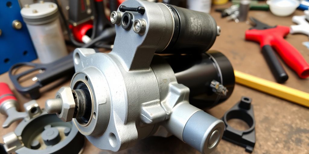 Nissan Altima starter motor on a workshop bench.