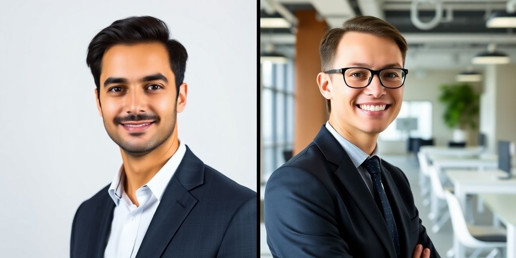 Two professional headshots side-by-side, one studio, one office.