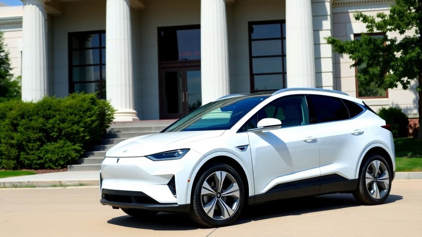 Rivian electric vehicle outside a courthouse.