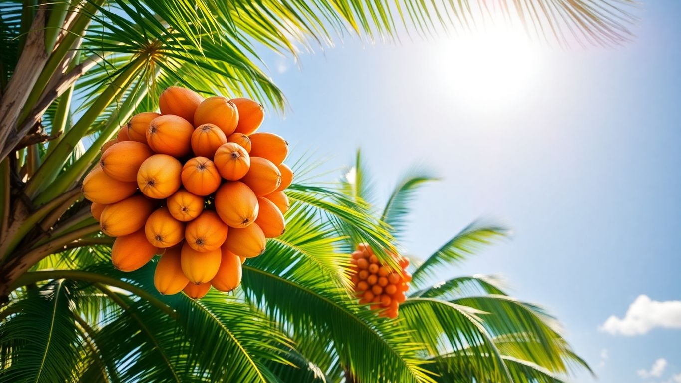 Juicy fruit growing on palm trees.